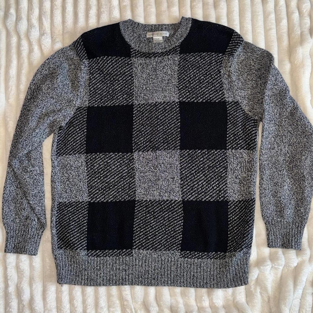 Men's Geoffrey Beene Crewneck Sweater Gray Black Checkered Knit Large Cotton
